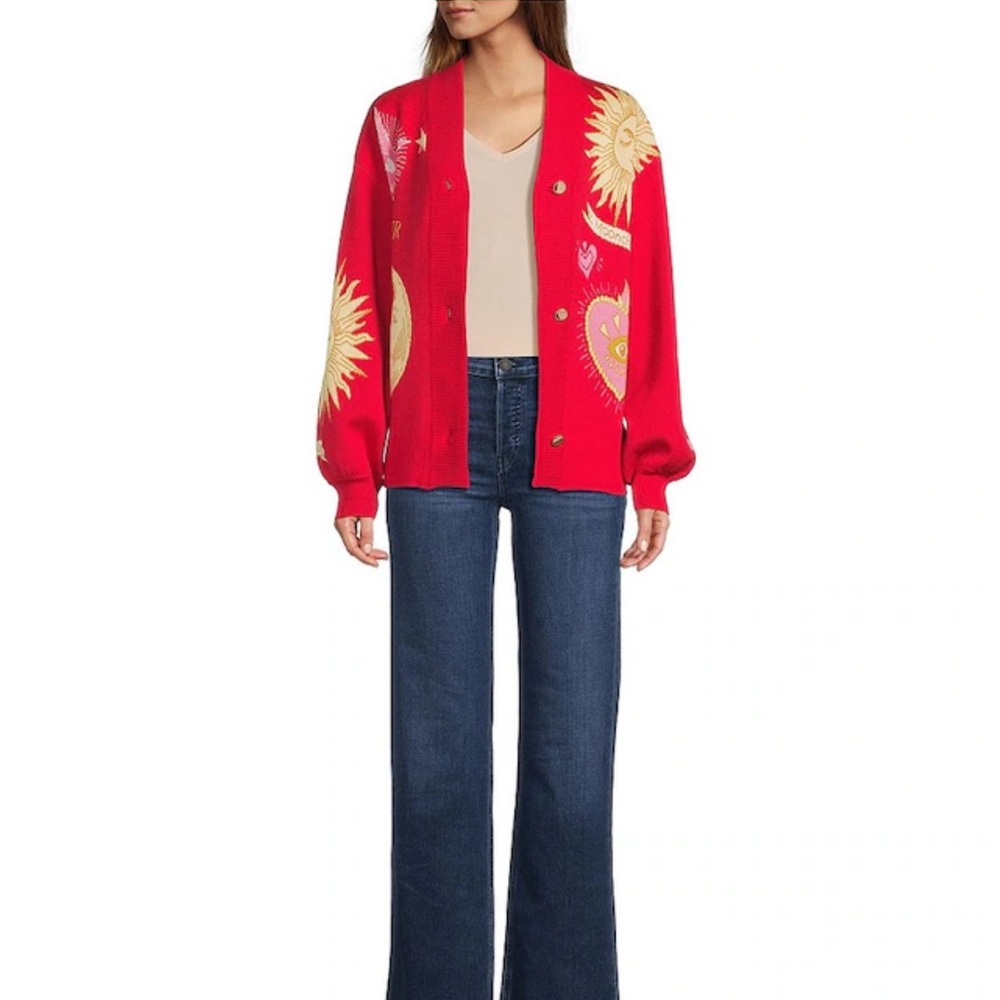 Never Fully Dressed Red Celestial Motif Cardigan - Picture 3 of 15